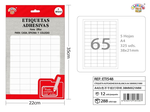 [ETI548] Etiquetas autoadhesivas blancas A4 (38x21mm) 12.5x20cm - Etiquetas para oficina