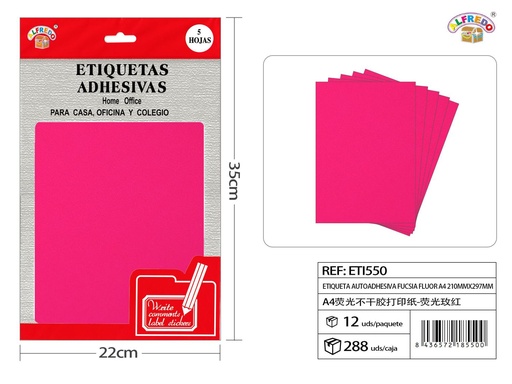[ETI550] Etiqueta autoadhesiva color fucsia neón A4 (210X297mm) 12.5x20 cm - Etiquetas para oficina