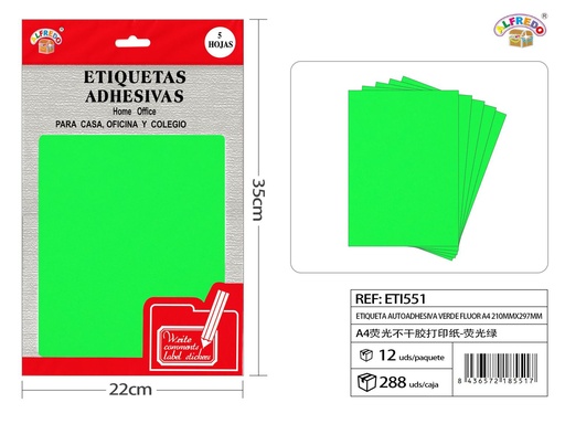 [ETI551] Etiqueta autoadhesiva color verde neón A4 (210X148mm) 12.5x20 cm - Etiquetas para oficina