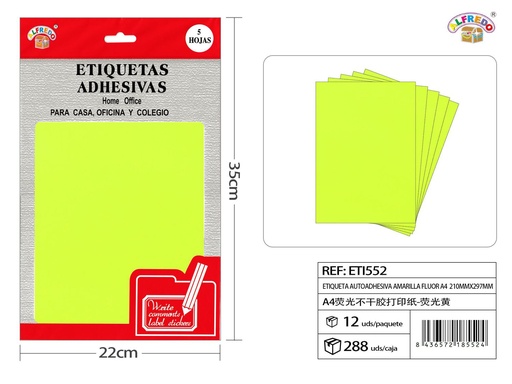 [ETI552] Etiqueta autoadhesiva color amarilla neón A4 (105X148mm) 12.5x20 cm - Etiquetas para oficina