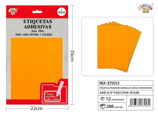 [ETI553] Etiqueta autoadhesiva color naranja neón A4 (38X21mm) 12.5x20 cm - Etiquetas para oficina