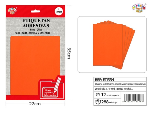 [ETI554] Etiqueta autoadhesiva color rojo salmón neón A4 (48X25mm) 12.5x20 cm - Etiquetas para oficina