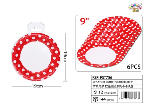 [FST756] Plato de cartón puntos rojos 9" (set de 6) - Artículos de fiesta
