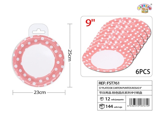 [FST761] Plato de cartón puntos rosas 9" (set de 6) - Artículos de fiesta