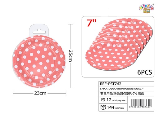[FST762] Plato de cartón S7 puntos rosas 7" (set de 6) - Artículos de fiesta