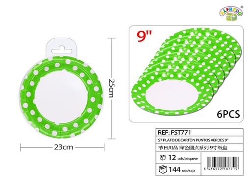 [FST771] Plato de cartón puntos verdes 9" (set de 6) - Artículos de fiesta