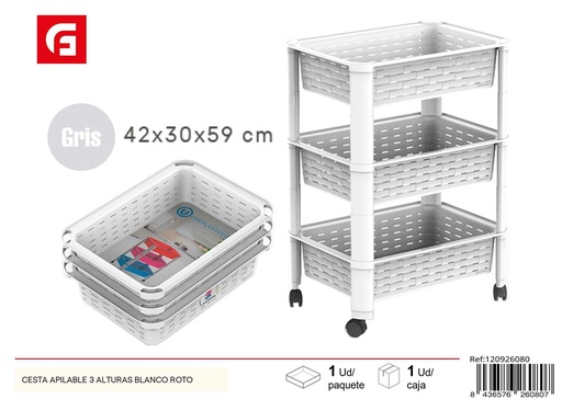 [120926080] Cesta apilable 3 alturas blanco roto para almacenamiento