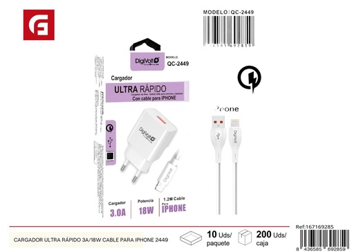 [167169285] Cargador ultra rápido 3A/18W + cable para iPhone