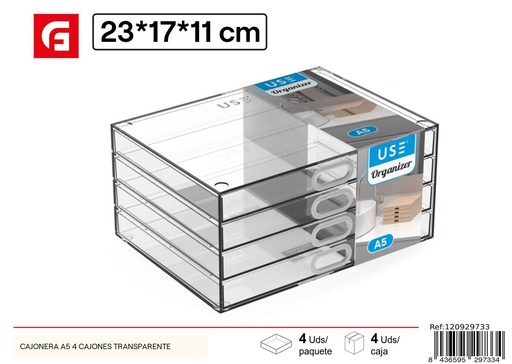 [120929733] Cajonera A5 4 cajones transparente para organización