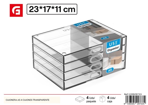 [120929733] Cajonera de plástico A5, 4 cajones, transparente - Organizadores de maquillaje