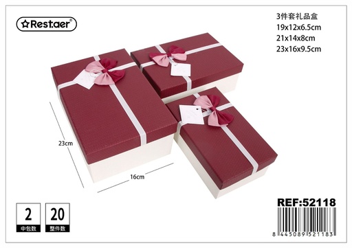 [52118] Set de 3 cajas rectangulares de cartón 23*16*9.5cm, 21*14*8cm, 19*12*6.5cm para regalos