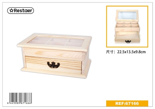 [67166] Joyero de madera con ventana de vidrio 22.5x9.8x13.5cm para almacenamiento