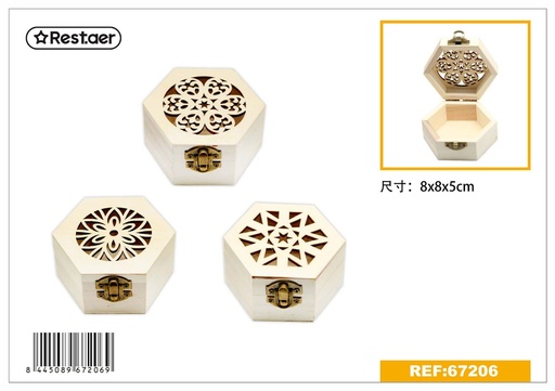 [67206] Caja de madera tallada hexagonal 8*8*5cm - Artículos de decoración y almacenamiento