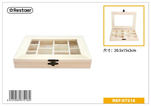 [67218] Caja de madera con ventana de vidrio rectangular 20.5*15*3cm para almacenamiento y regalo