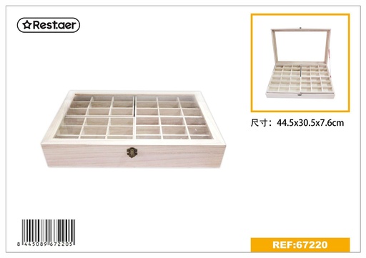 [67220] Caja de madera con ventana de cristal, doble capa, 44.5x30.5x7.6cm para almacenamiento y organización
