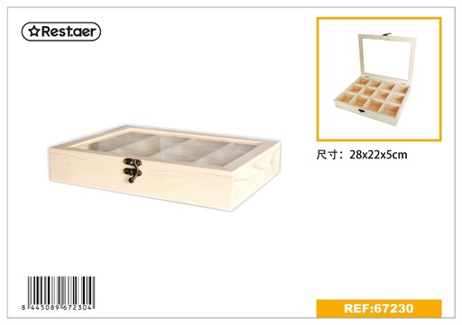 [67230] Caja de madera rectangular con 12 compartimentos y ventana de vidrio 28x22x5cm