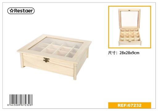 [67232] Caja de madera cuadrada con ventana 28x28x9cm