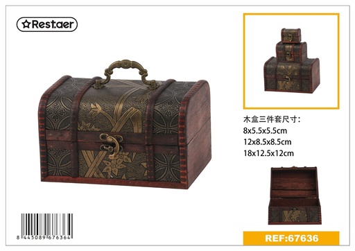 [67636] Set de 3 cajas de madera estilo vintage 18x12.5x12 cm - Artículos de regalo