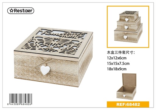 [68482] Set de cajas de madera decoradas 3pcs 18x18x9cm