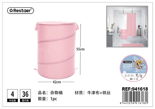 [941618] Cubo de ropa sucia de oxford 42x55 cm color rosa macarón - Almacenamiento del hogar