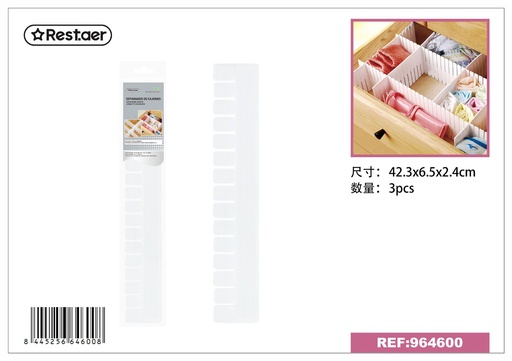 [964600] Separador de cajones 3pcs 42.3x6.5x2.4cm blanco para organización