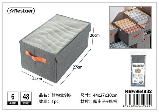 [964932] Cesta de almacenaje gris con tapa de 9 compartimentos para organización