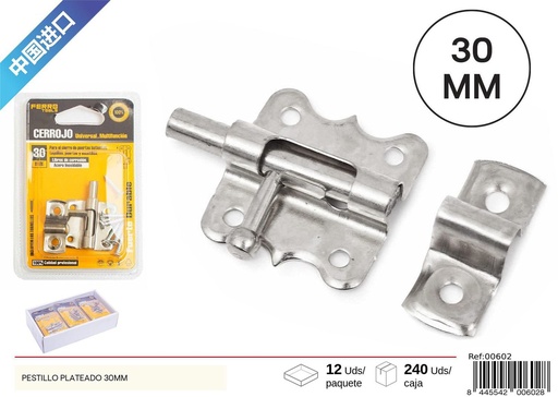 [00602] Pestillo Plateado 30mm - Accesorios de Ferretería