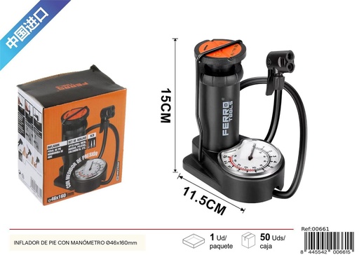 [00661] Inflador de pie con manómetro Ø46x160 mm - Accesorios para bicicleta