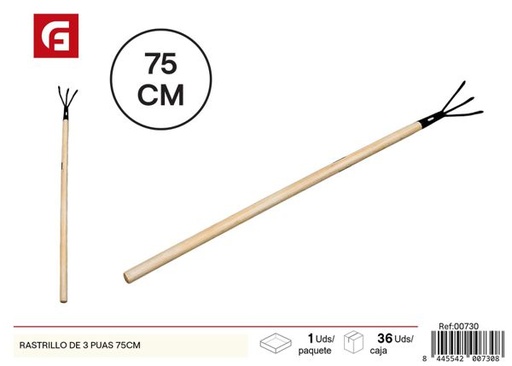 [00730] Rastrillo de 3 púas con mango de madera 75cm