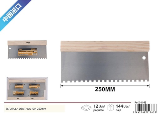 [01163] Espátula dentada 10in 250mm con mango de madera para albañilería