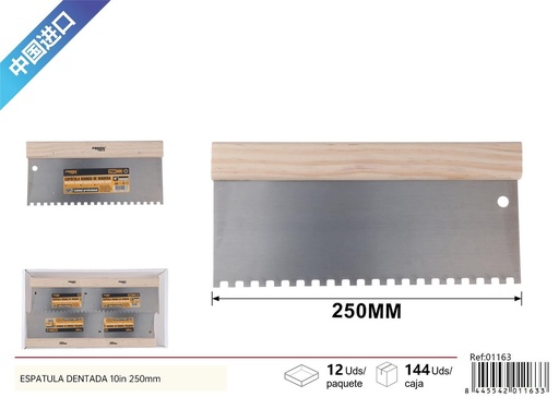[01163] Espátula dentada de 10" de mango de madera - Herramienta de albañilería