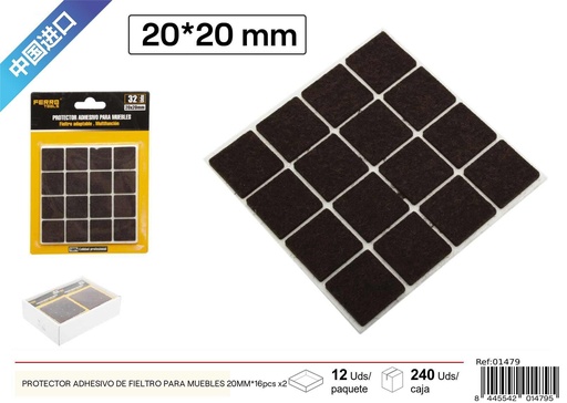 [01479] Protector adhesivo de fieltro cuadrado para muebles 20MM - 16 pcs x2, marrón, material para muebles