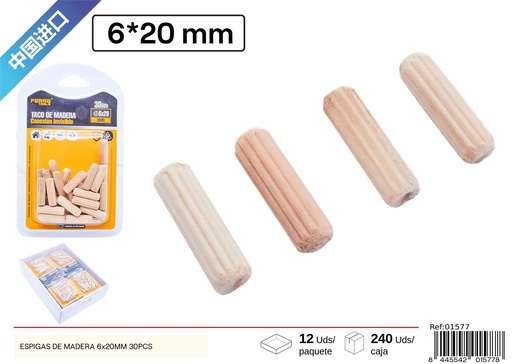 [01577] Espigas de madera 6x20 mm 30 piezas - Accesorios para muebles