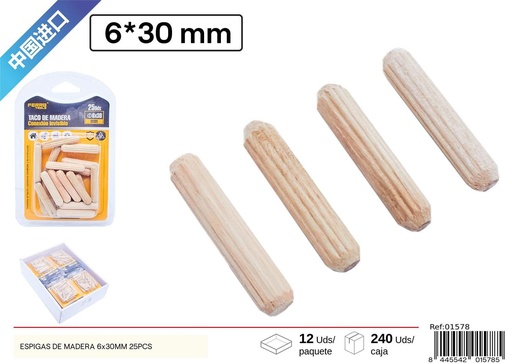 [01578] Espigas de madera 6x30mm 25PCS - Accesorios para muebles
