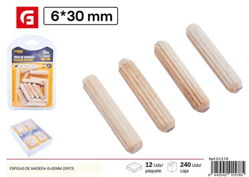 [01578] Espigas de madera 6x30mm 25pcs para muebles