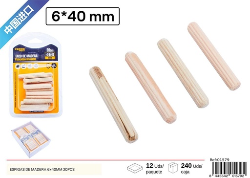 [01579] Espigas de madera 6x40mm 20pcs para carpintería y ensamblaje