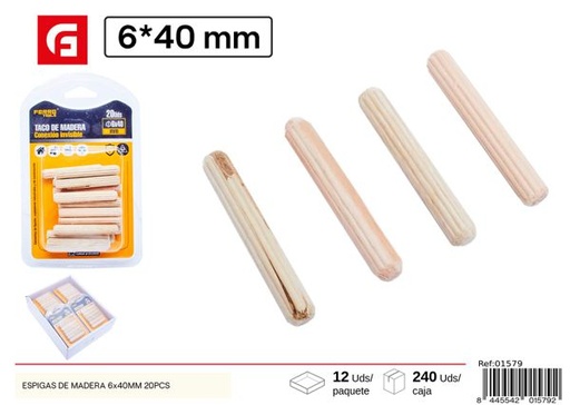 [01579] Espigas de madera 6x40mm 20pcs para carpintería y ensamblaje