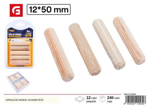 [01584] Espigas de madera 12x50mm 5pcs para carpintería