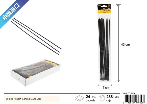[01669] Bridas negras 3.6x350 mm 18 piezas - Accesorios de ferretería