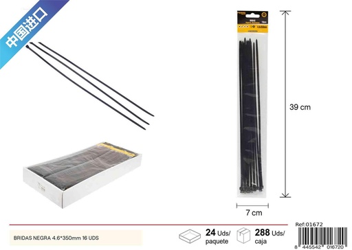 [01672] Bridas negras 4.6x350mm - 16 pcs, accesorios de ferretería