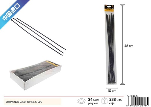 [01674] Bridas negras de nylon (12 pcs) 5.2x450 mm - Accesorio de ferretería