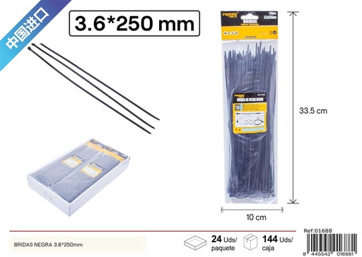 [01688] Bridas negras nylon 100pcs 3.6*250mm - Accesorios de ferretería
