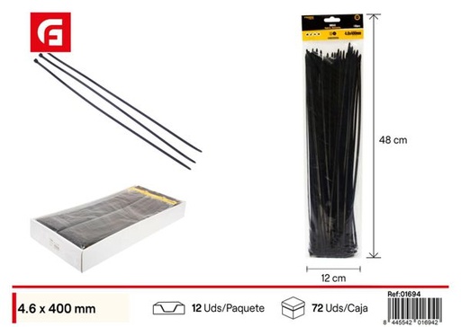 [01694] Bridas negras 4.6x400mm 100 uds para sujeción y organización