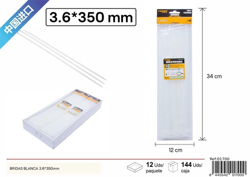 [01700] Bridas de nylon blancas 100pcs 3.6x350mm - Ferretería