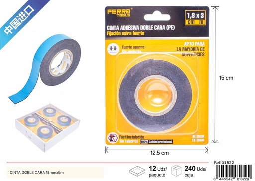 [01822] Adhesivo doble cara PE azul con espuma negra 1 mm de grosor 18mm*5M - Herramientas de ferretería