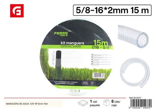 [01937] Manguera de agua PVC transparente 5/8-16*2mm 15m para jardín