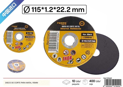[01942] Disco de corte para inox 115*1.2*22.23 mm - Herramientas de ferretería