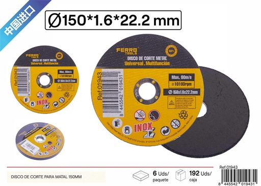 [01943] Disco de Corte para Inox 150mm - Herramientas Metálicas