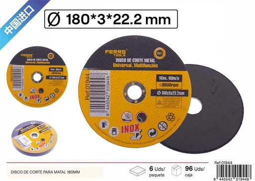 [01944] Disco de corte para metal inoxidable 180*3*22.2mm - Herramientas de ferretería