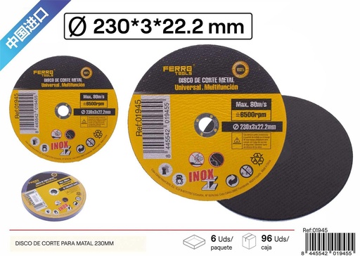 [01945] Disco de corte para inox 230mm, herramienta de ferretería